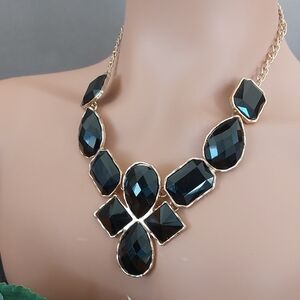 Black Bead Statement Necklace Goldtone 18"